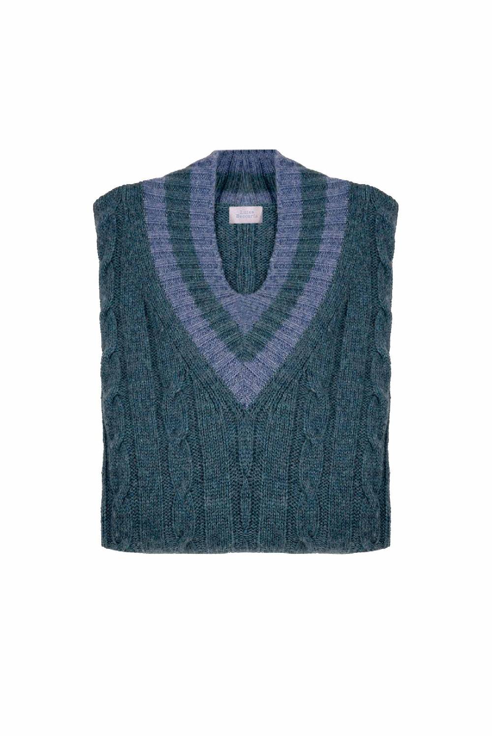 Luisa Beccaria Maglione scollo a V in cashmere a trecce petrolio Saldi