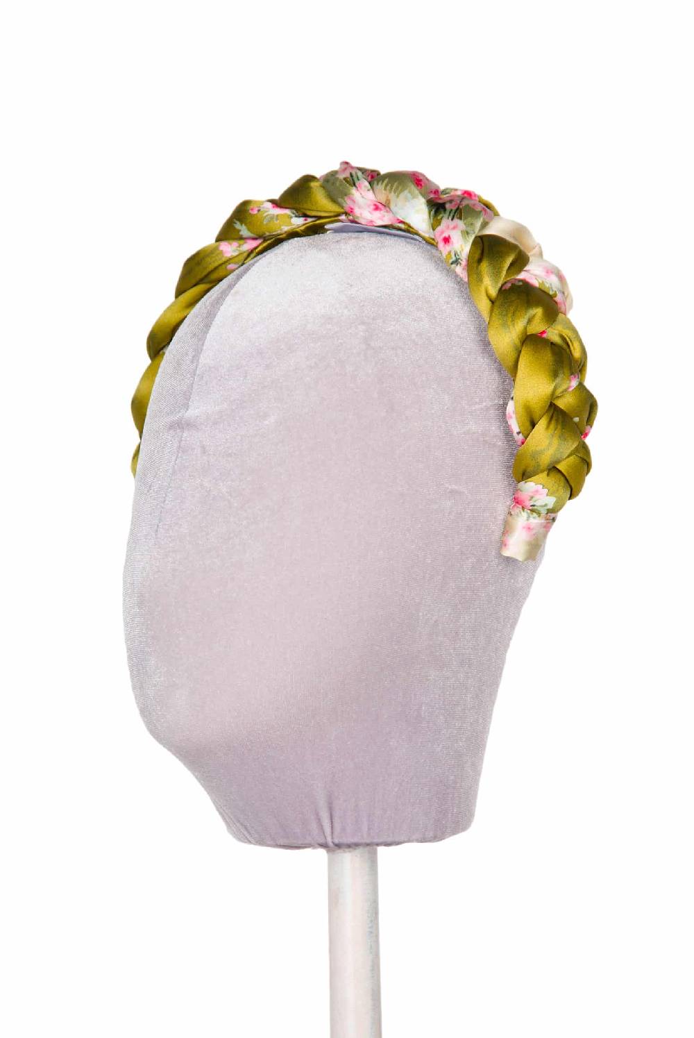 Luisa Beccaria Fascia per capelli intrecciata con boccioli di rose in raso verde brillante Offerta esclusiva