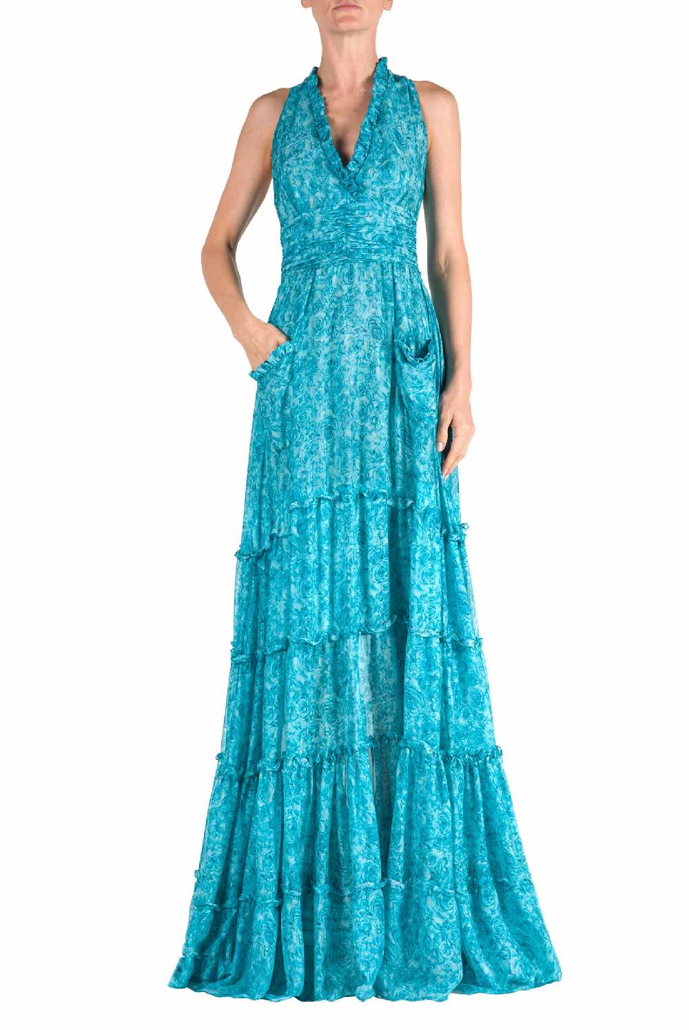 Luisa Beccaria Abito in chiffon di seta stampato con rose Vendita calda