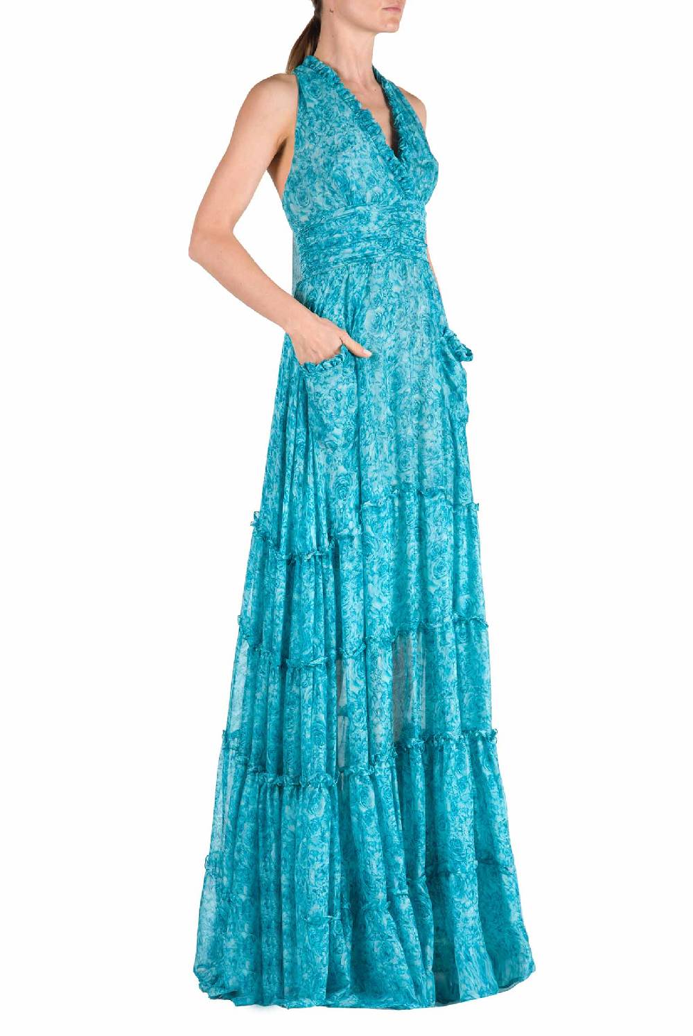Luisa Beccaria Abito in chiffon di seta stampato con rose Vendita calda