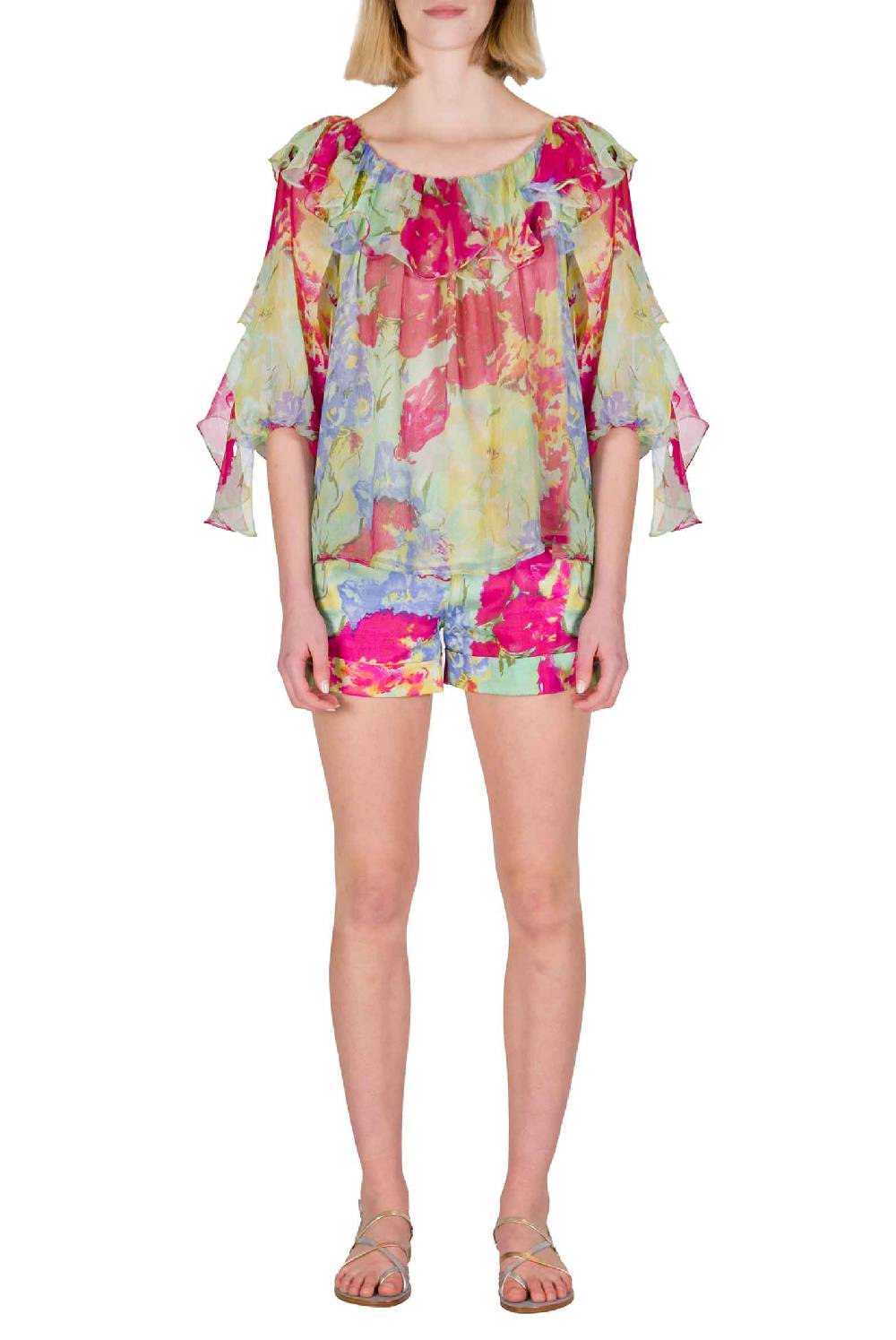 Luisa Beccaria Blusa Volant in Chiffon a Fiori Astratti Fino al 55% di sconto