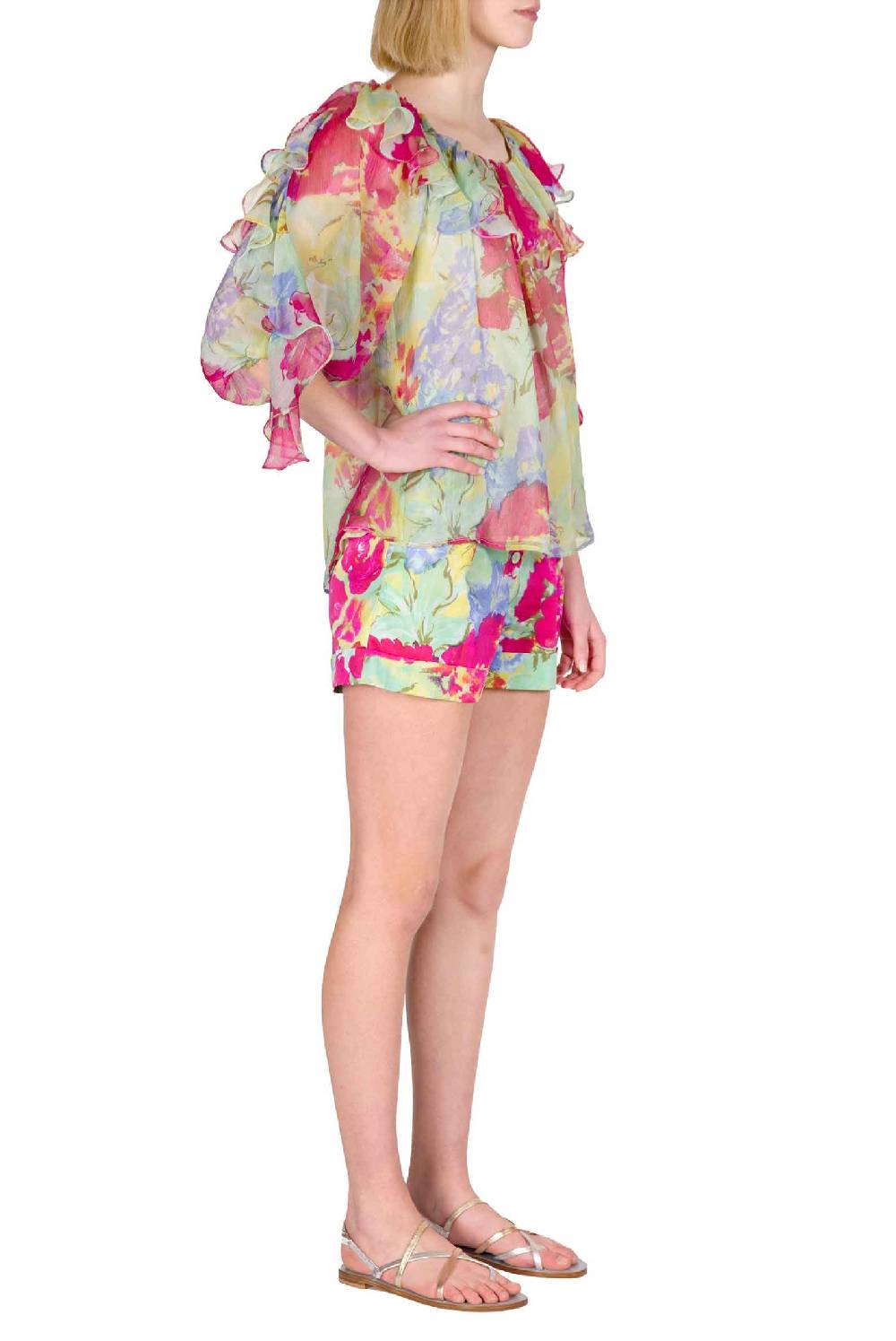 Luisa Beccaria Blusa Volant in Chiffon a Fiori Astratti Fino al 55% di sconto