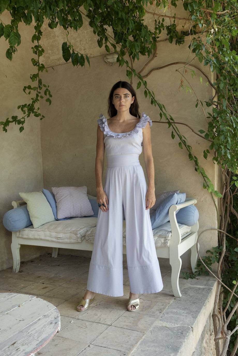 Luisa Beccaria Pantaloni larghi in misto cotone a righe lilla / bianche Solo un giorno rimasto
