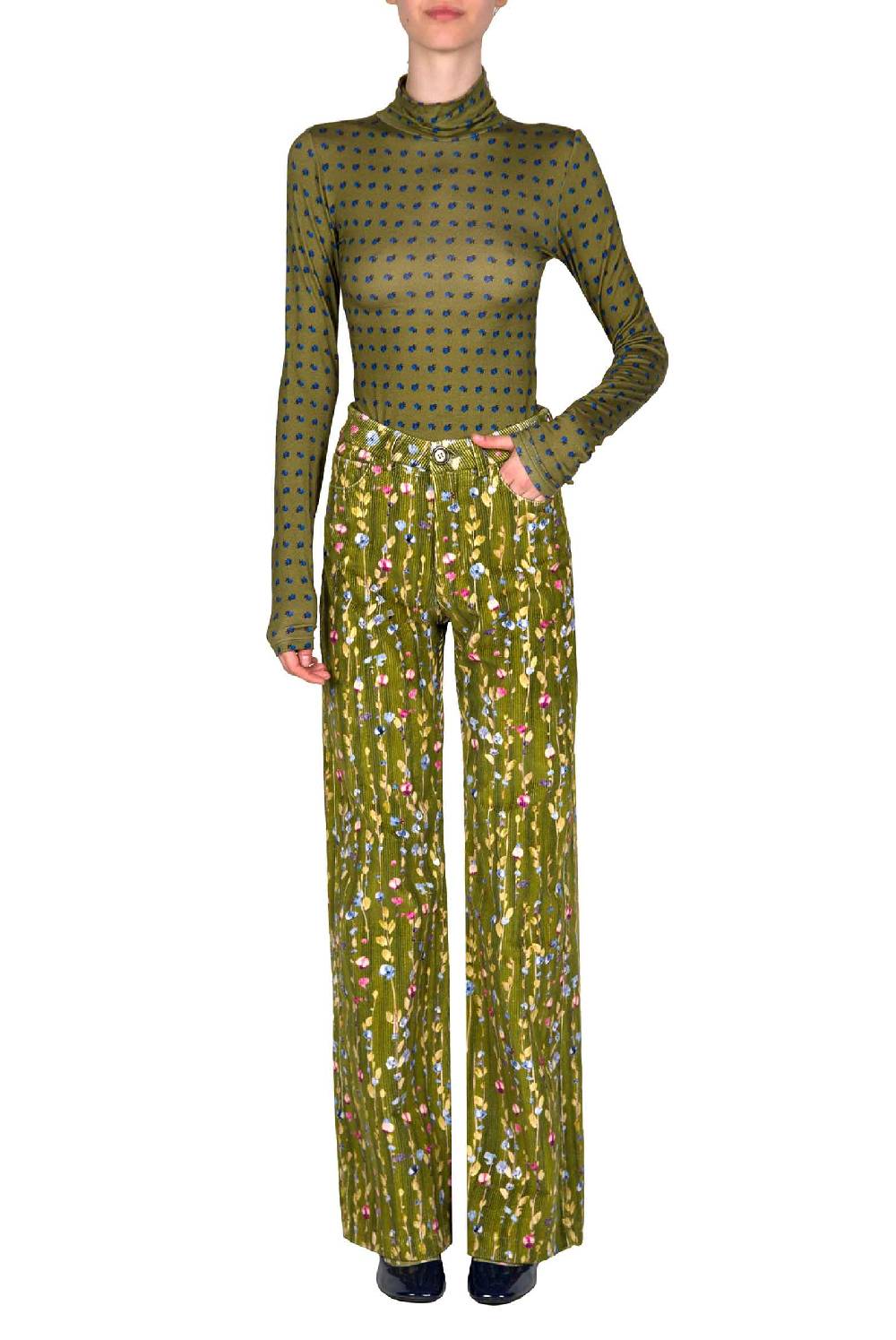 Luisa Beccaria Pantaloni palazzo in velluto a coste con ghirlanda di fiori Negozio