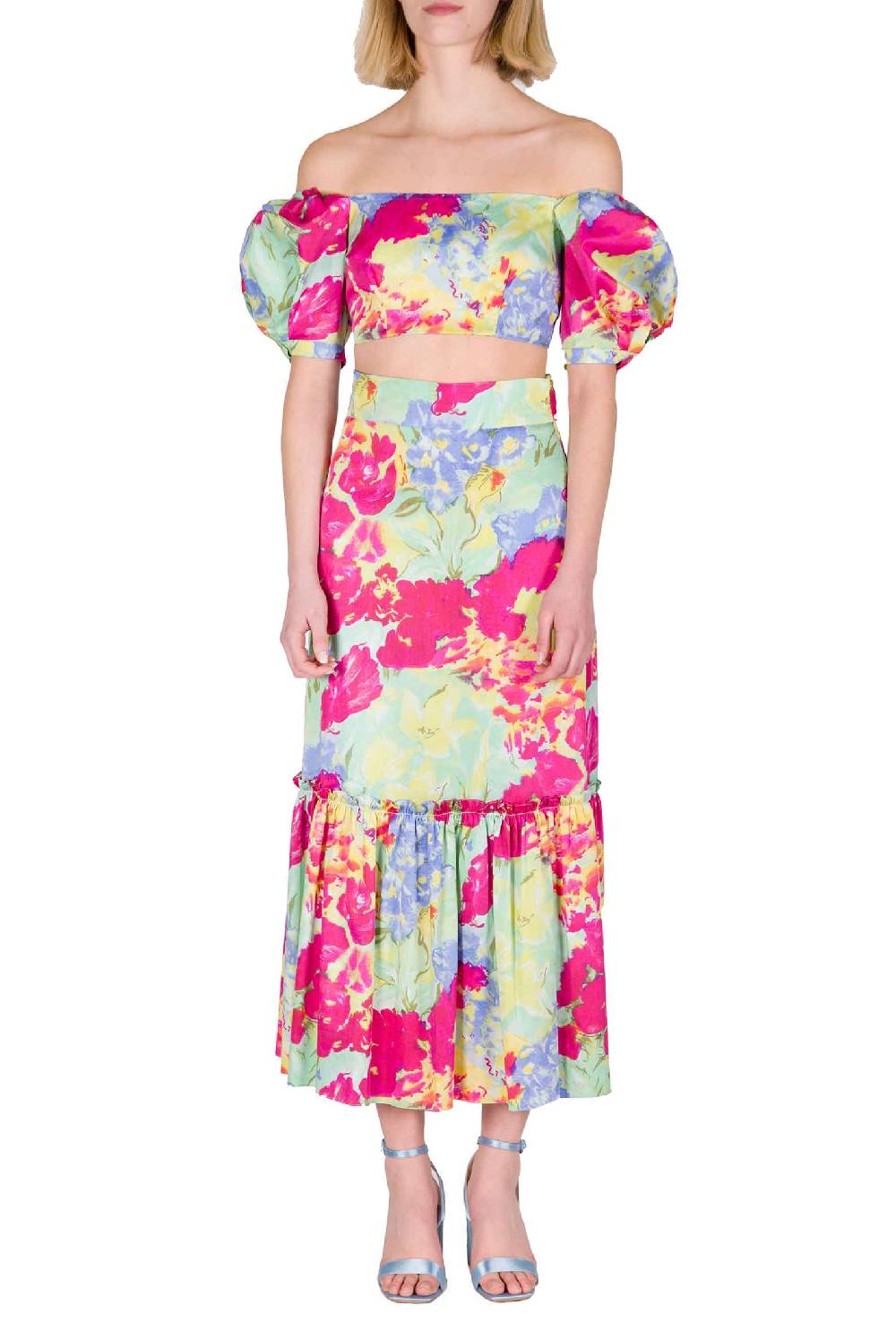Luisa Beccaria Top in cotone stampato con spalle scoperte con fiori astratti Vendita calda