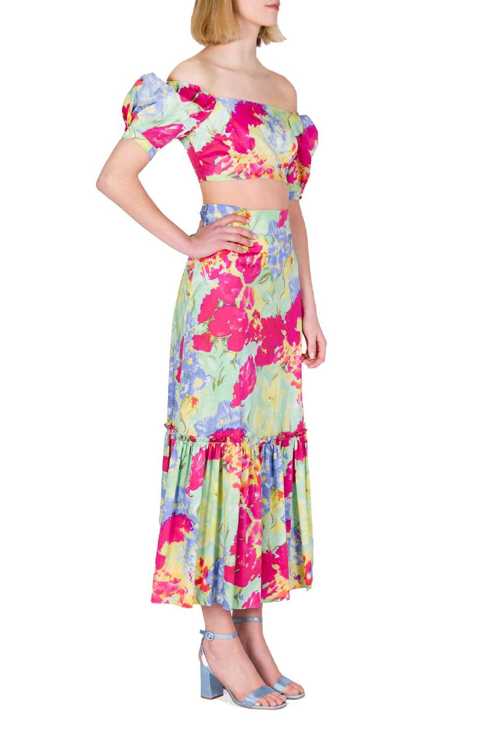 Luisa Beccaria Top in cotone stampato con spalle scoperte con fiori astratti Vendita calda