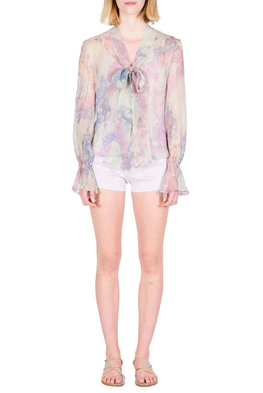 Luisa Beccaria Camicia in chiffon stampato con fiocco in fiori astratti Latest fashion