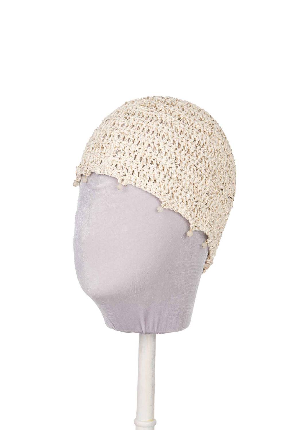 Luisa Beccaria Cappello beige all'uncinetto con perline Online Outlet