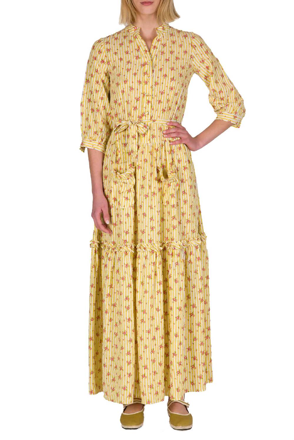 Luisa Beccaria Abito in cotone con rose a righe Offerte esclusive