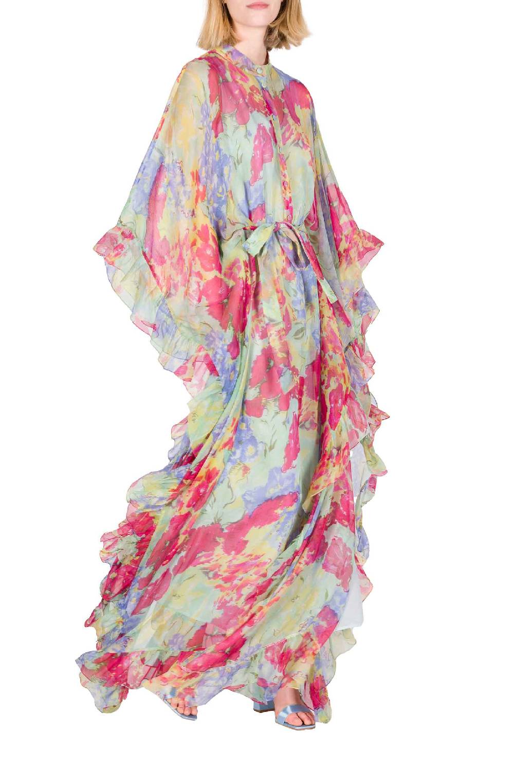 Luisa Beccaria Caftano in chiffon con finiture arricciate a fiori astratti Ultimi due giorni