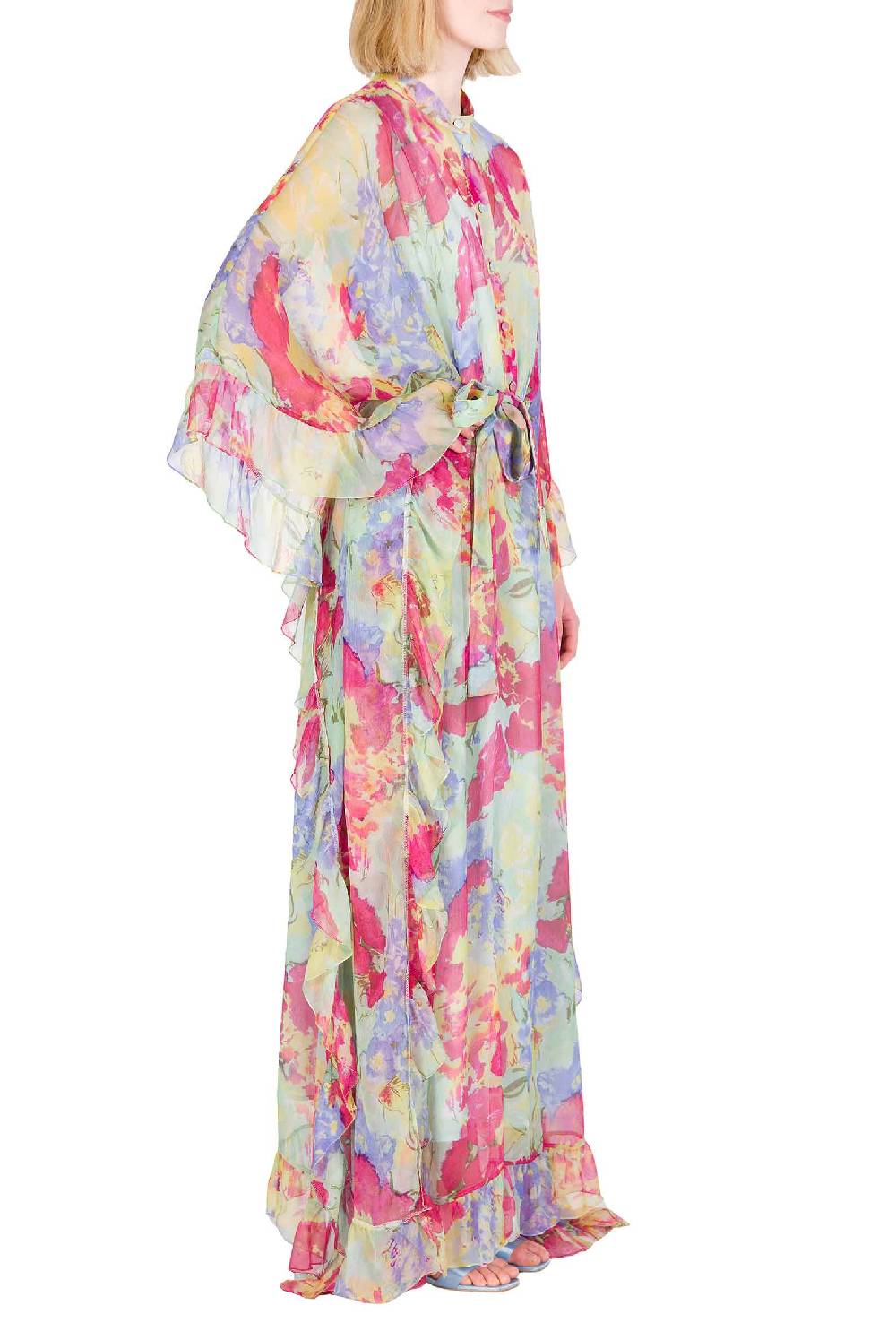 Luisa Beccaria Caftano in chiffon con finiture arricciate a fiori astratti Ultimi due giorni