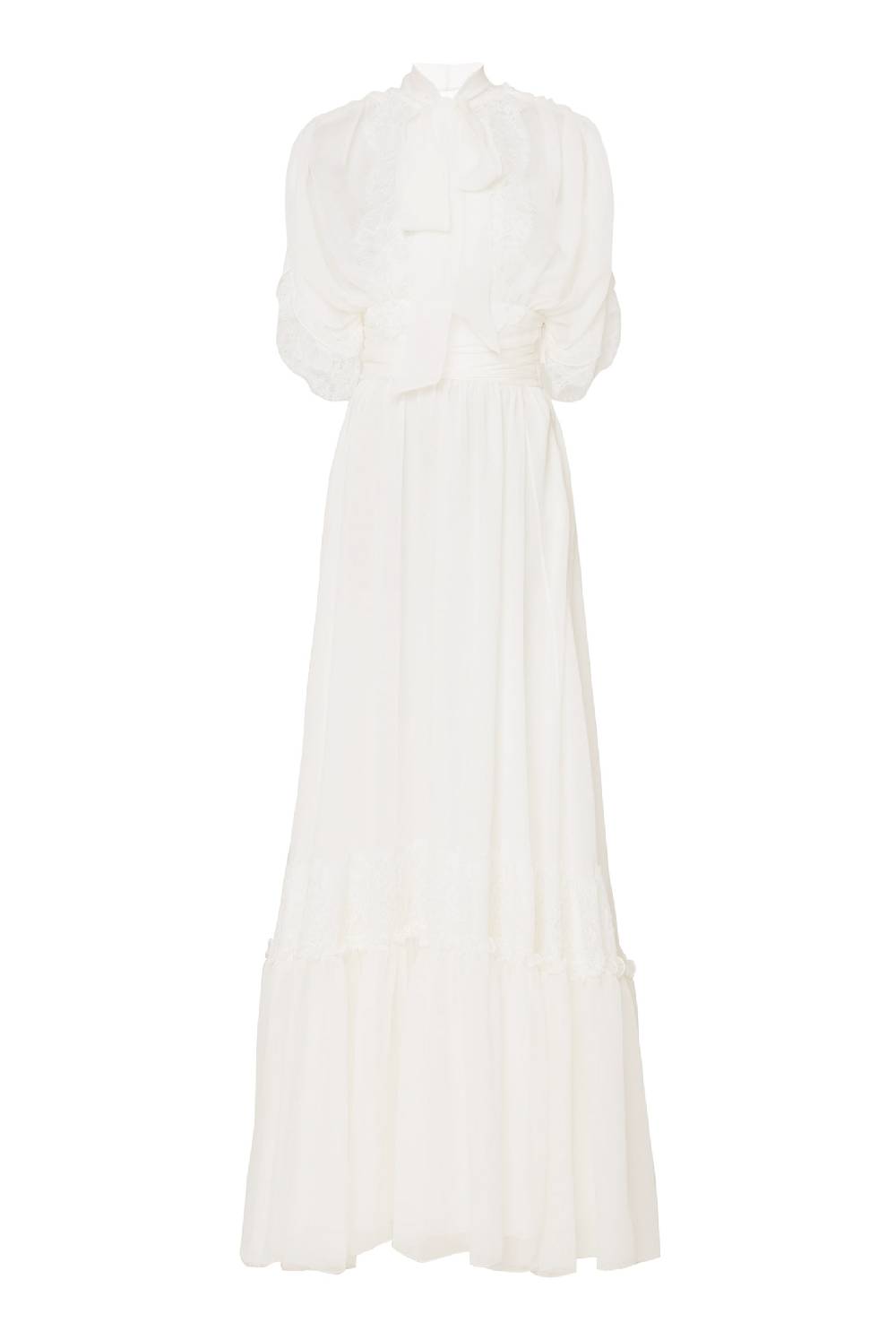 Luisa Beccaria Abito Lungo In Crepon Di Chiffon Con Pizzo Bianco Vendita