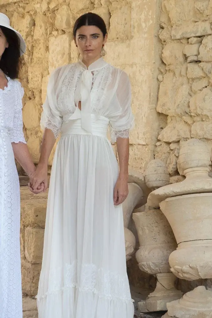 Luisa Beccaria Abito Lungo In Crepon Di Chiffon Con Pizzo Bianco Vendita
