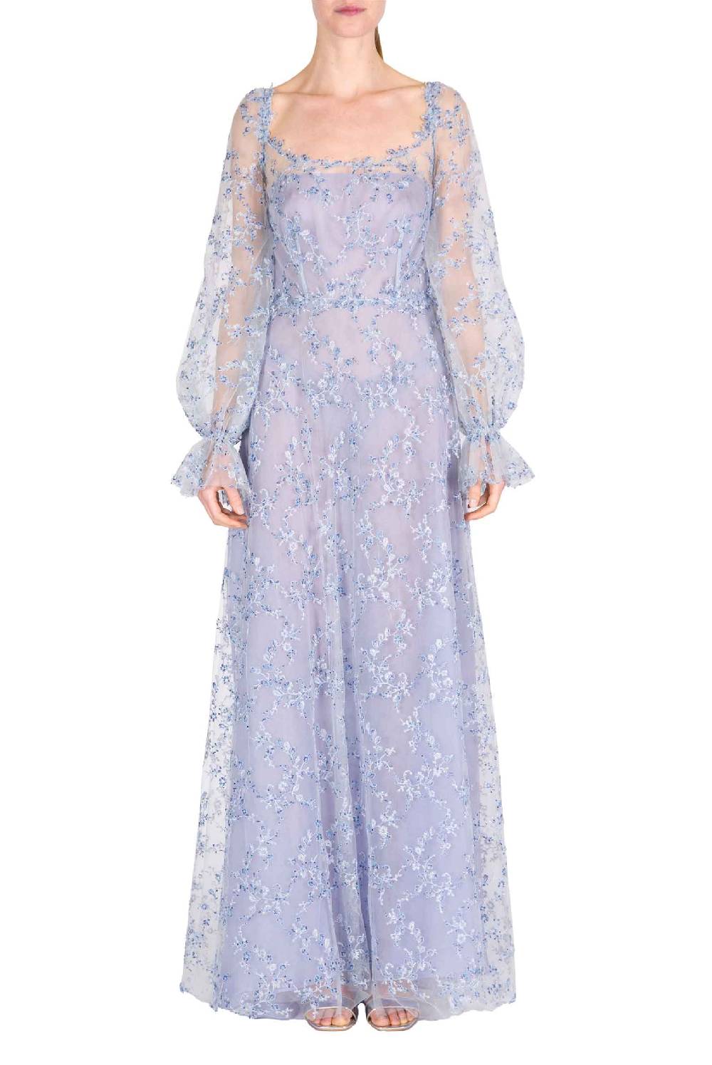 Luisa Beccaria Abito da sera in tulle blu con ricami Promozione