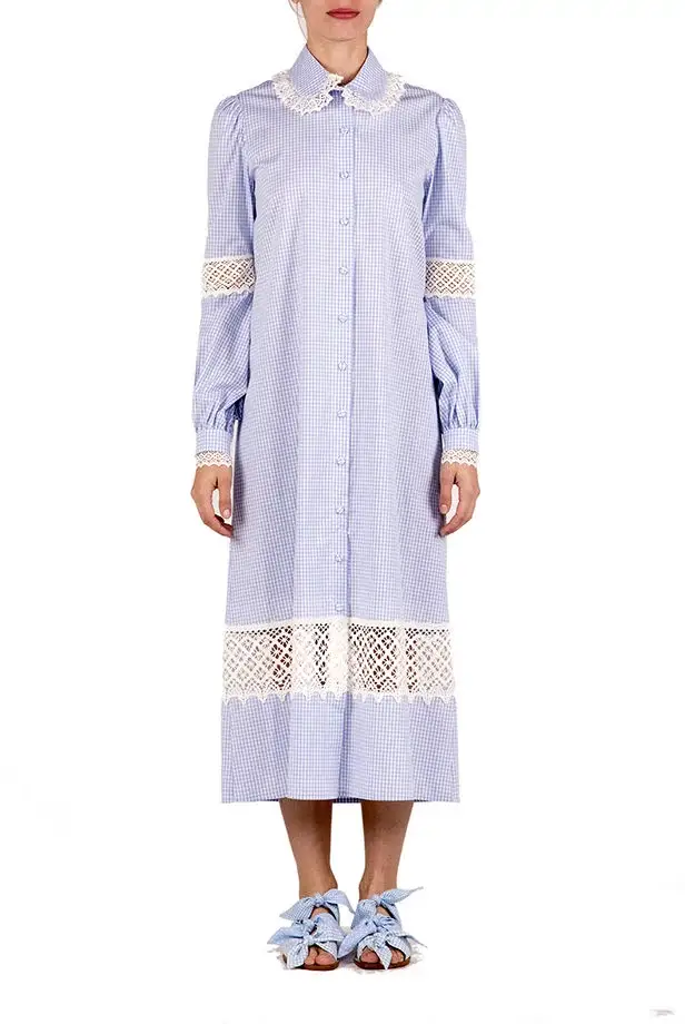 Luisa Beccaria Abito chemisier in cotone a quadretti con pizzo Online