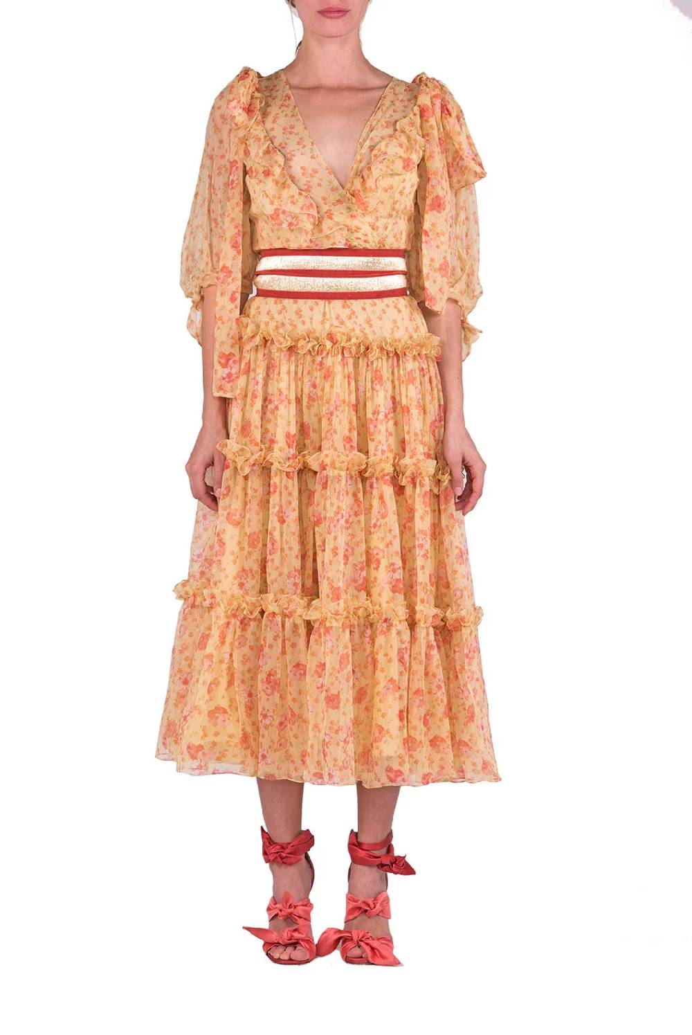 Luisa Beccaria Abito longuette in chiffon floreale con balze In Vendita