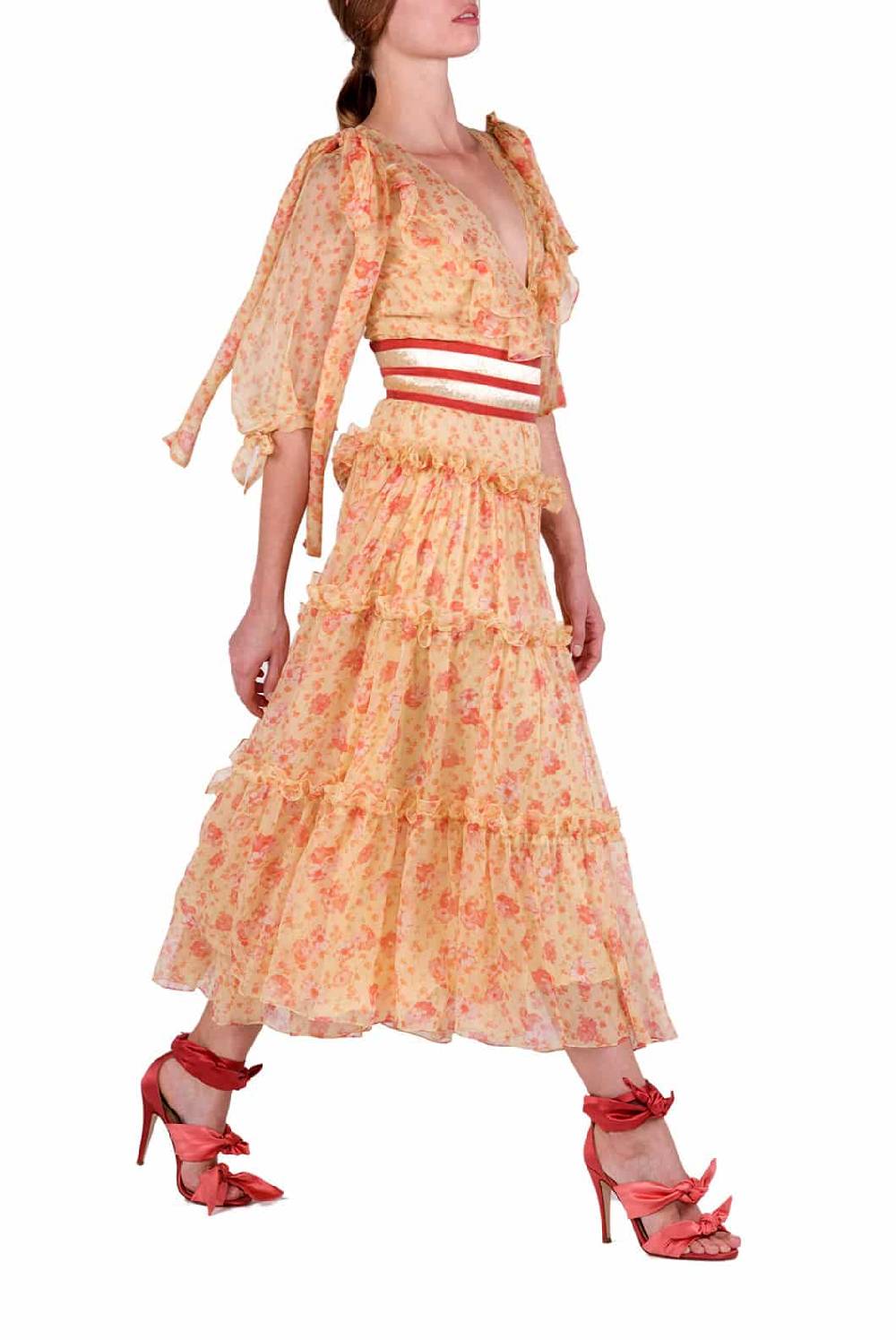 Luisa Beccaria Abito longuette in chiffon floreale con balze In Vendita