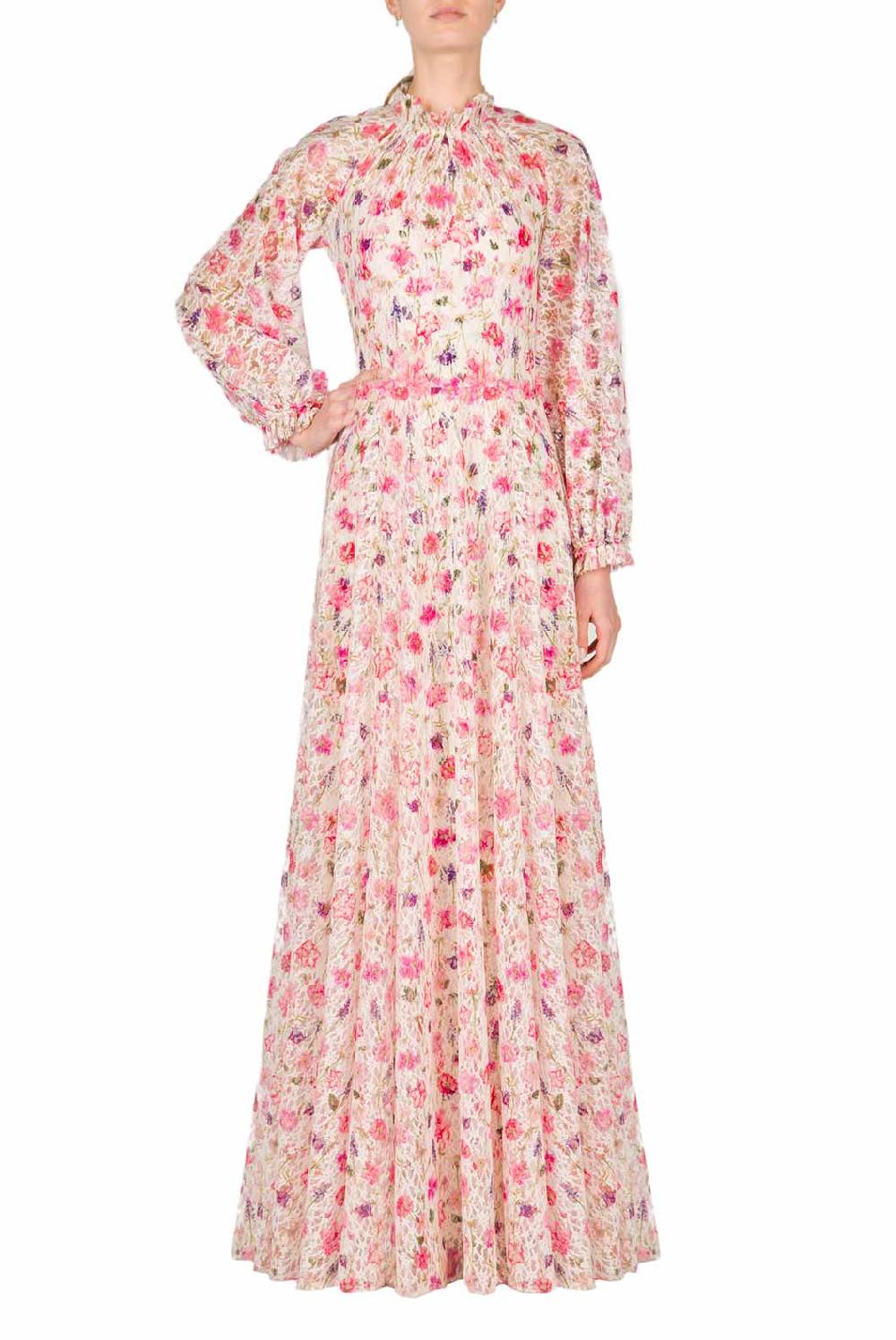 Luisa Beccaria Maxi abito in pizzo con collo a lupetto stampato floreale Vendita Calda
