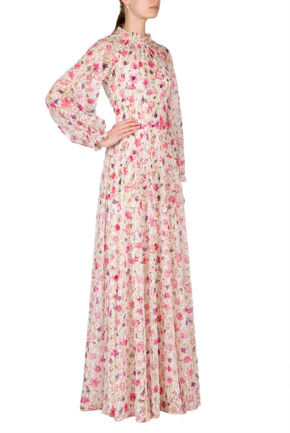 Luisa Beccaria Maxi abito in pizzo con collo a lupetto stampato floreale Vendita Calda