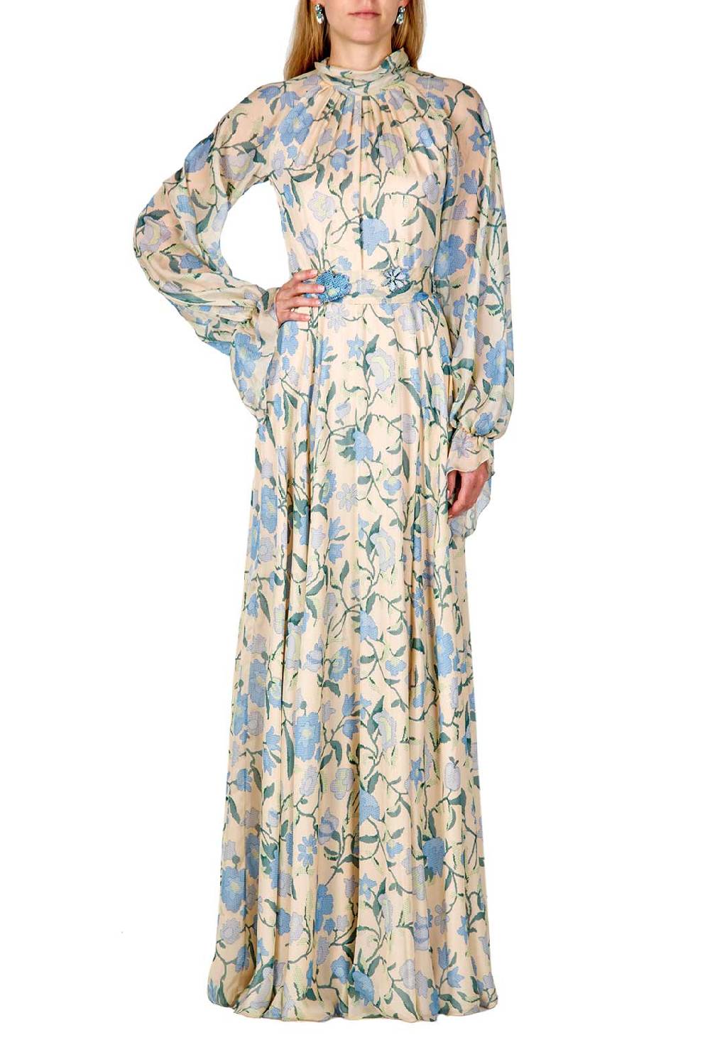 Luisa Beccaria Maxi abito in chiffon di seta con fiori di campo Sconto di tempo limitato