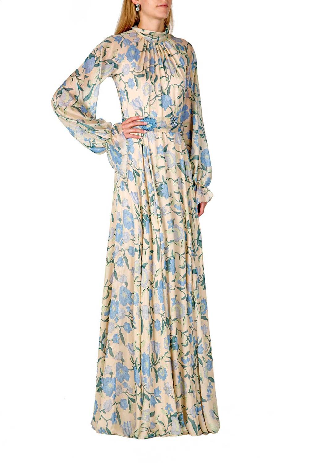 Luisa Beccaria Maxi abito in chiffon di seta con fiori di campo Sconto di tempo limitato