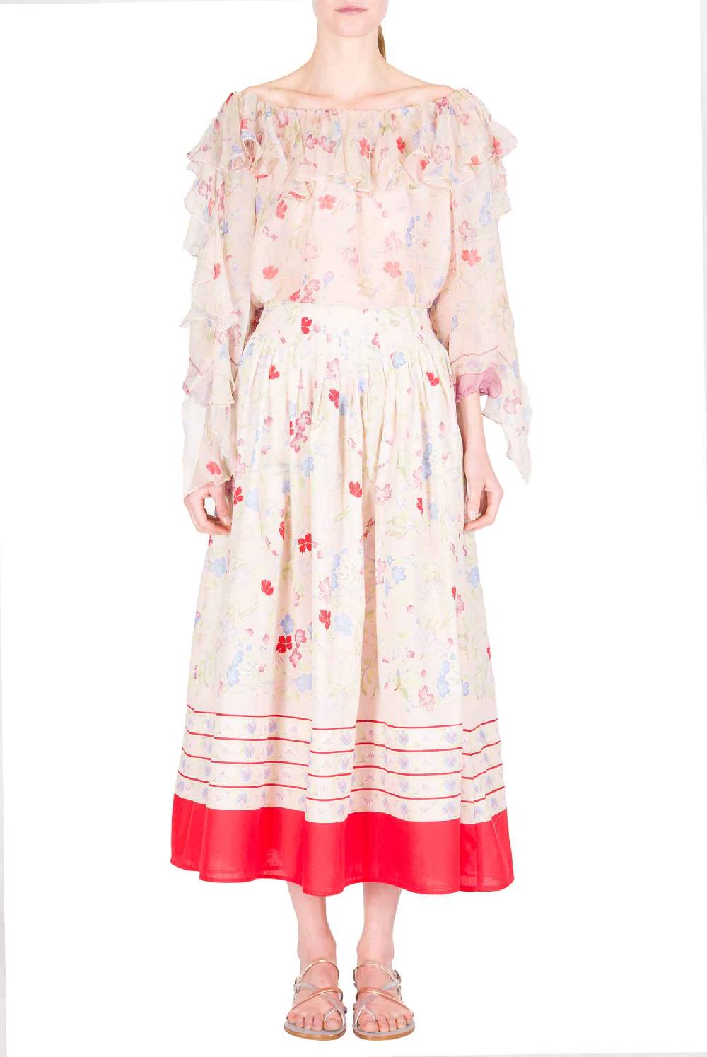Luisa Beccaria Blusa in chiffon stampata con volant a fiori Gilly Negozio online di fabbrica