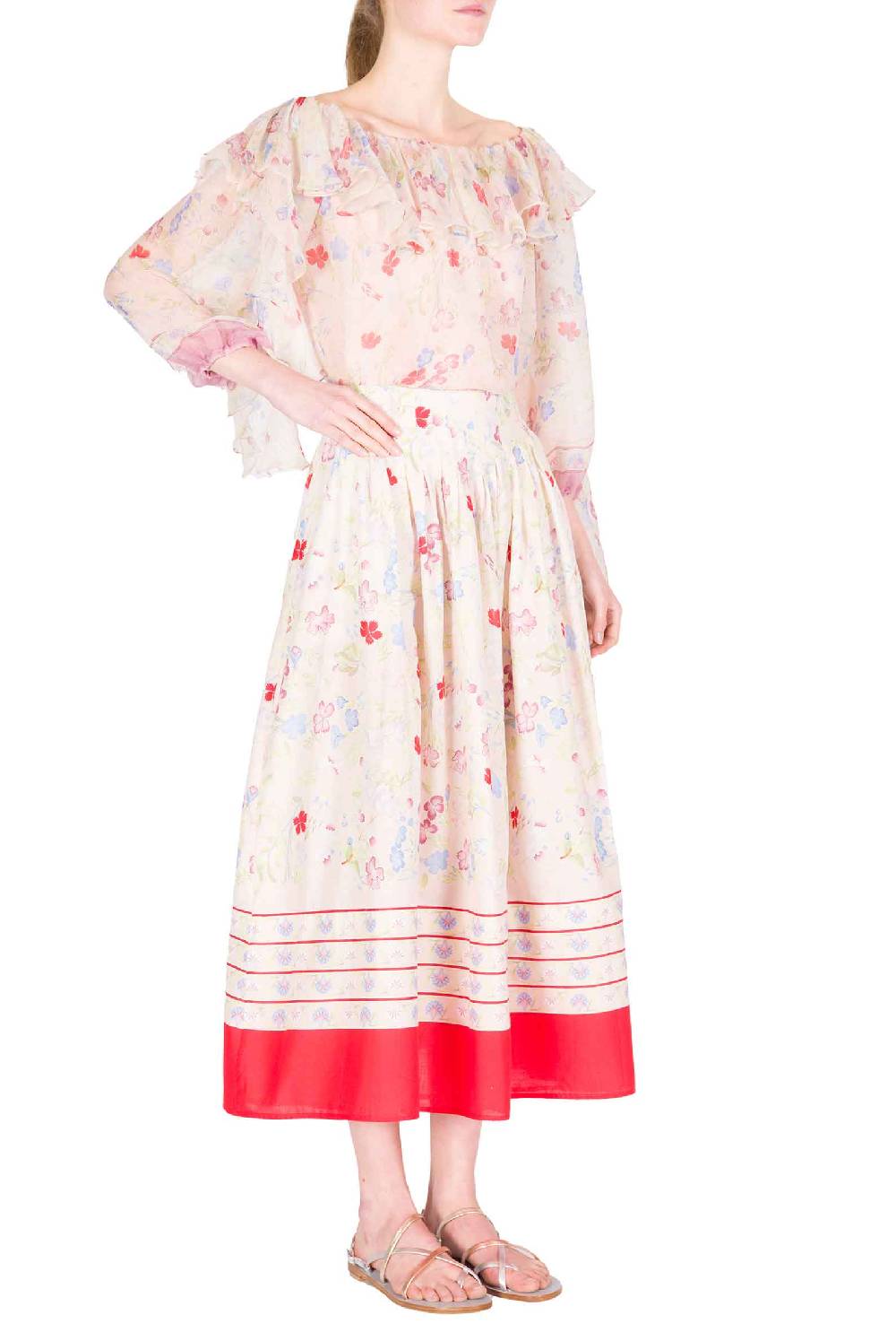 Luisa Beccaria Blusa in chiffon stampata con volant a fiori Gilly Negozio online di fabbrica
