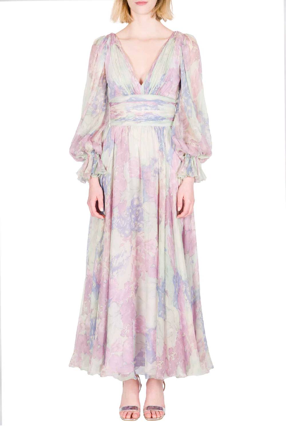 Luisa Beccaria Abito in chiffon stampato Luna con fiori astratti Fornitura limitata