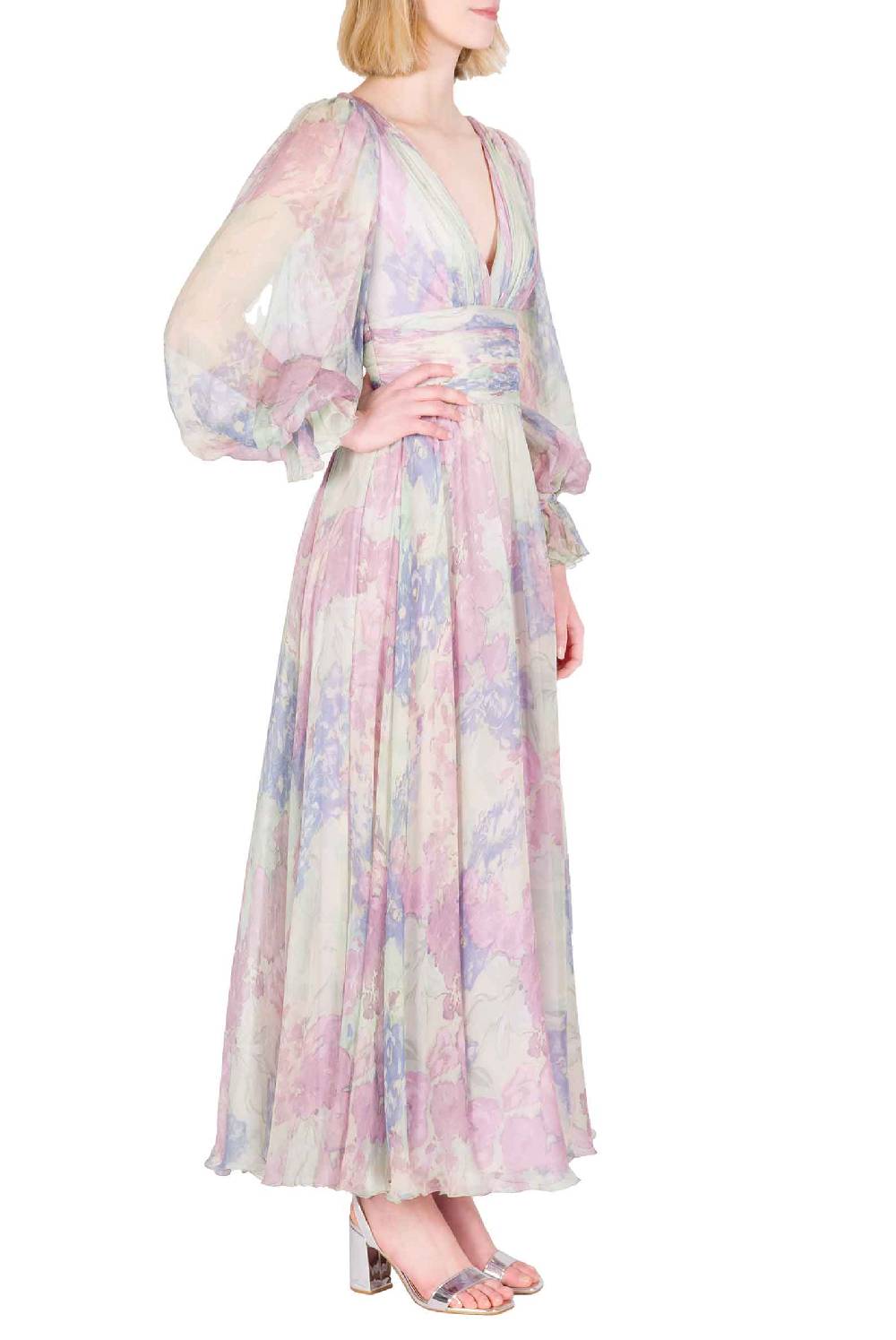 Luisa Beccaria Abito in chiffon stampato Luna con fiori astratti Fornitura limitata