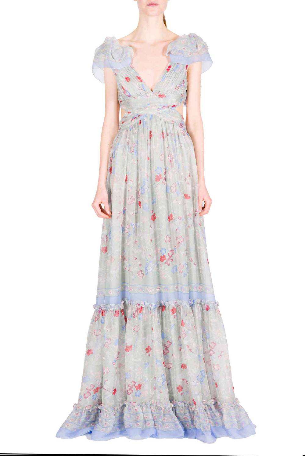 Luisa Beccaria Abito in chiffon stampato con schiena scoperta a fiori Gilly Liquidazione