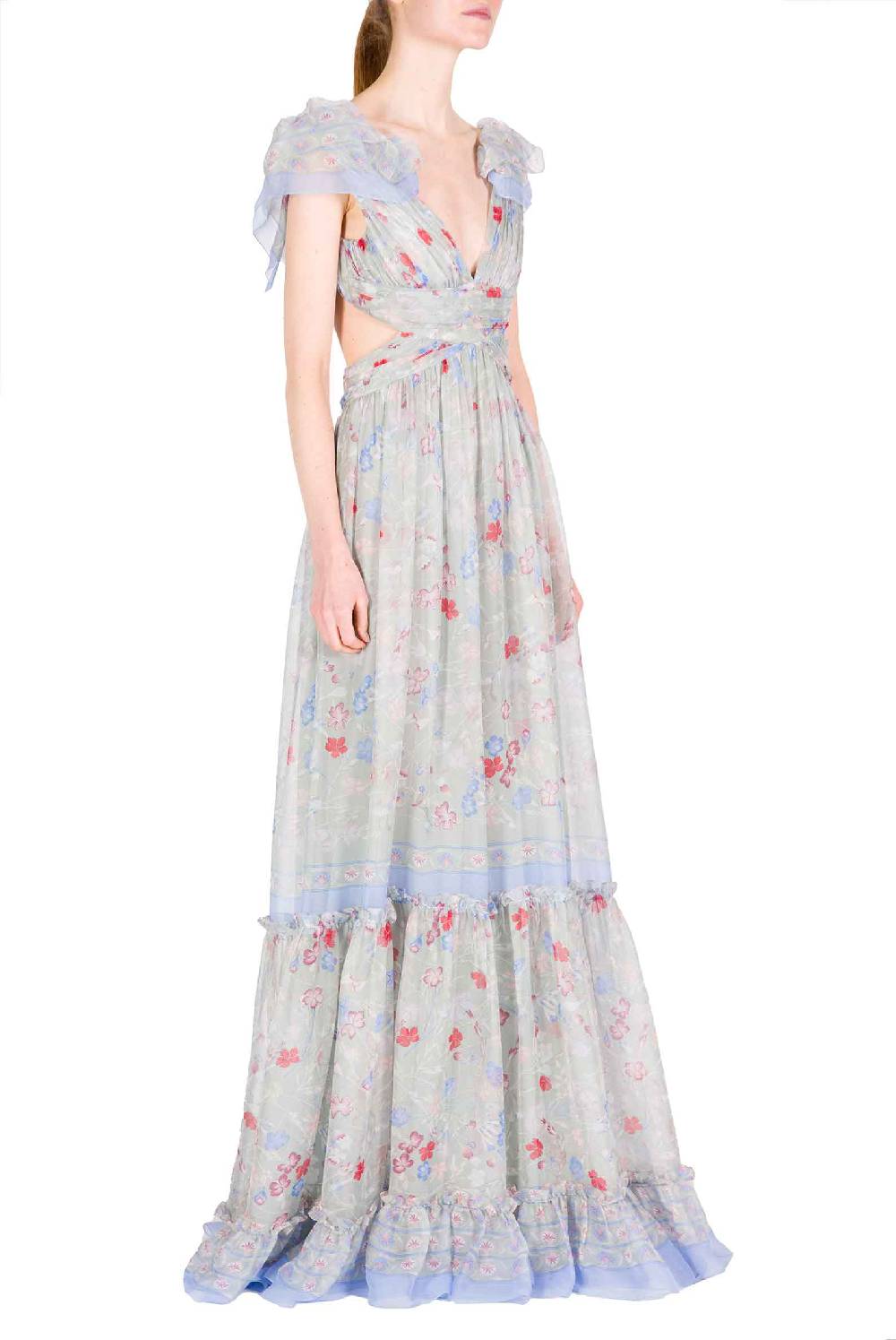 Luisa Beccaria Abito in chiffon stampato con schiena scoperta a fiori Gilly Liquidazione
