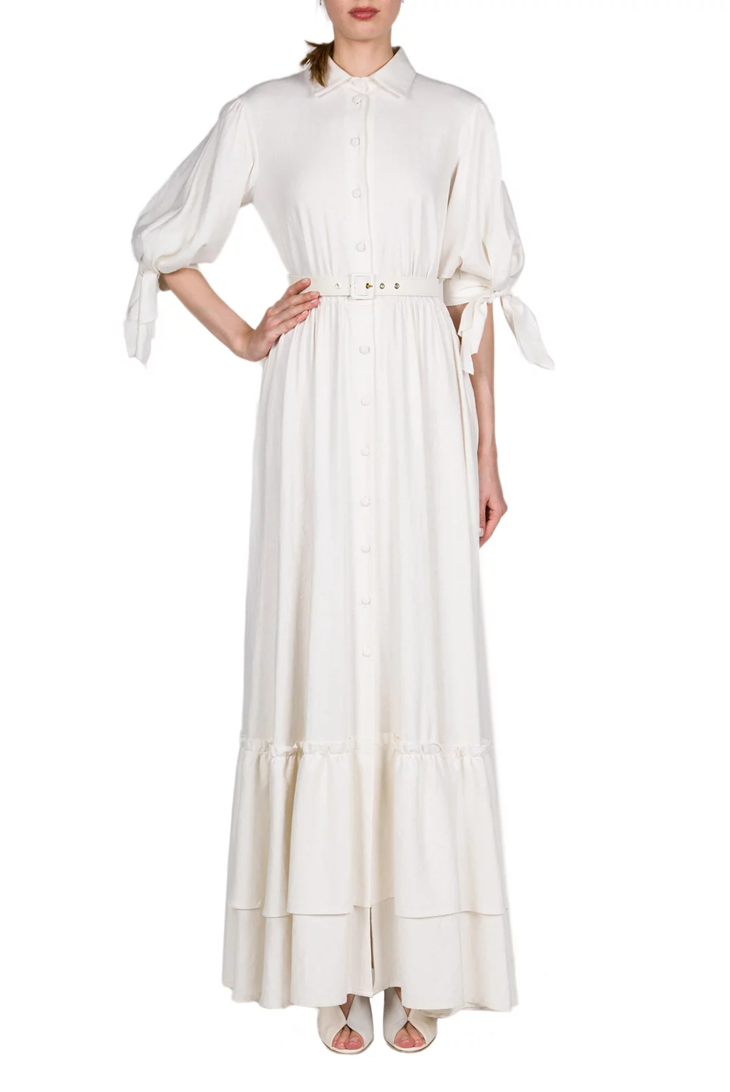 Luisa Beccaria Maxi abito in misto lino con maniche a cravatta Comprane uno, ottenene uno gratis