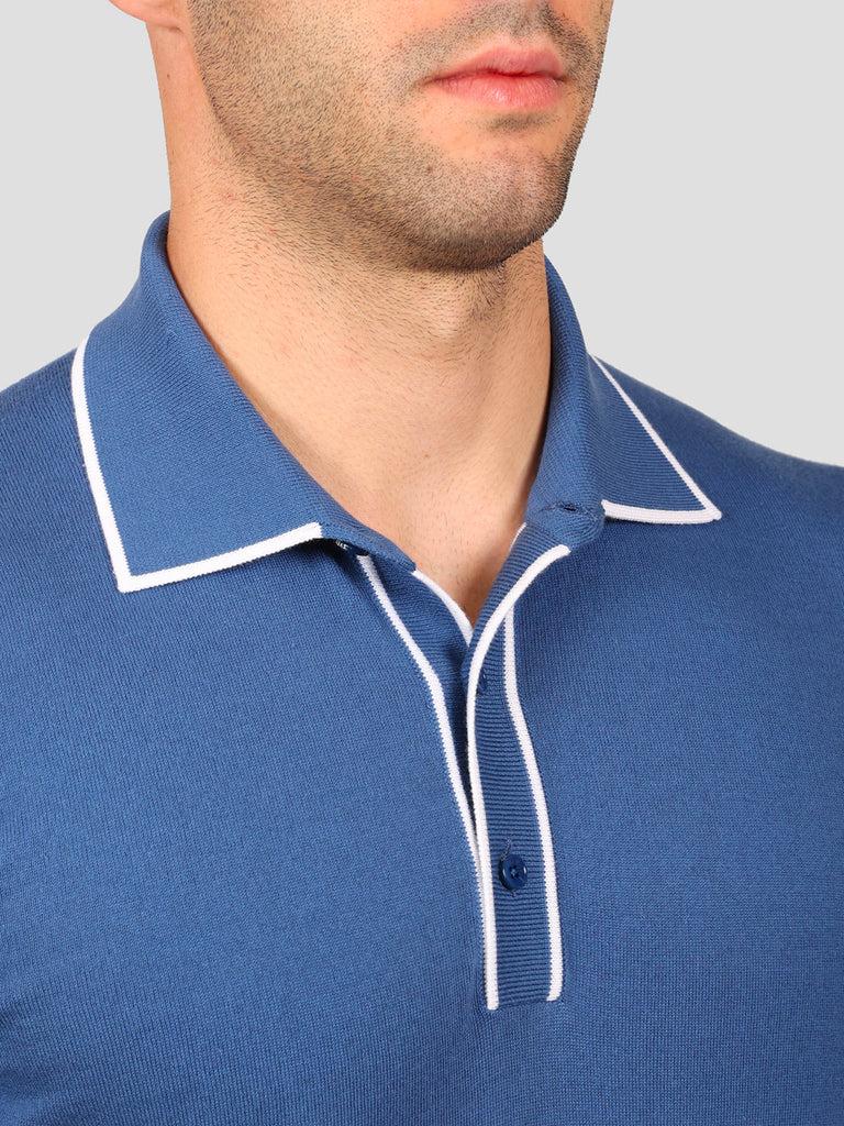 Svevo Maglia Polo 80% Cotone - 20% Seta Blu e Bianca Consegna Veloce