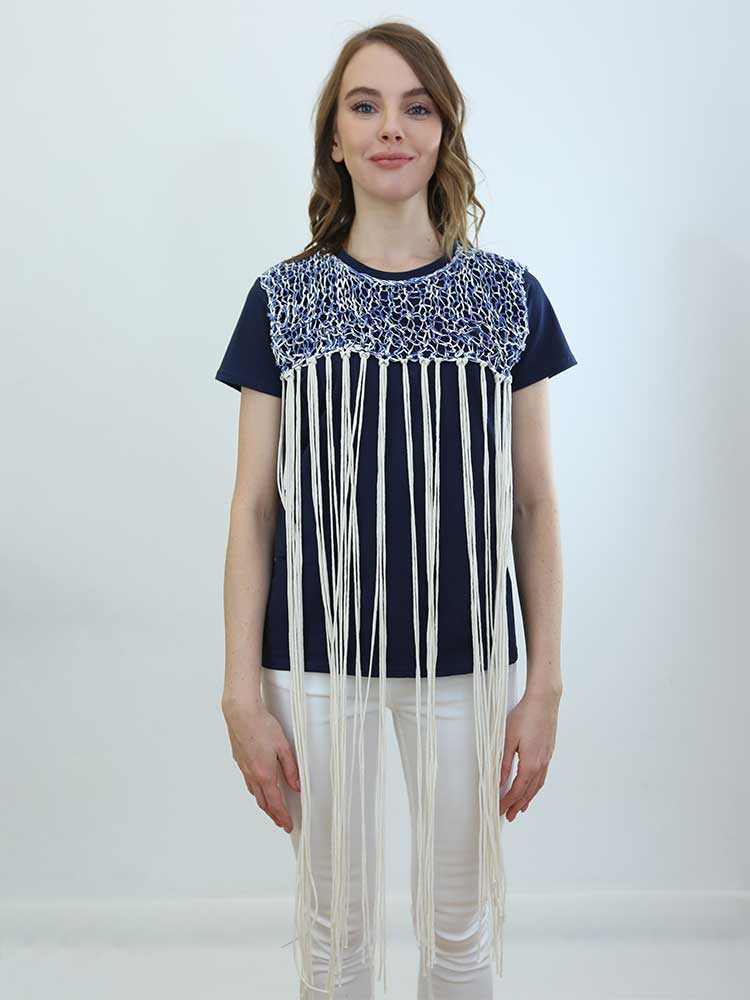 Tricot à Porter T-SHIRT CON APPLICAZIONE A RETE E FRANGE Vendite Flash