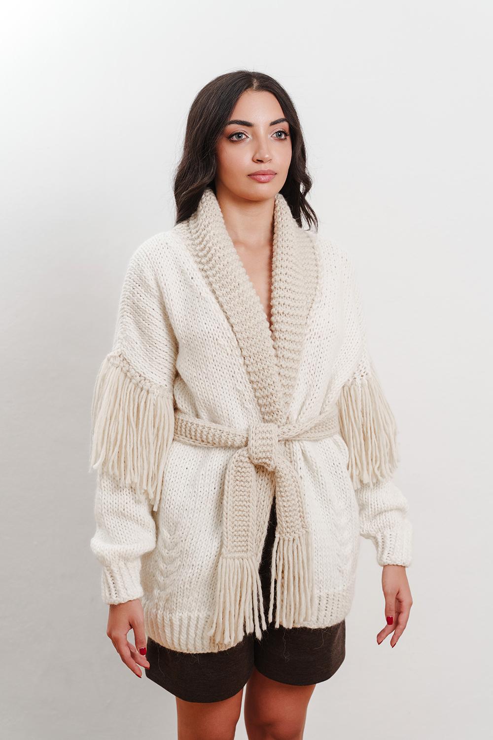 Tricot à Porter Cardigan collo a scialle cintura e frange sul giro manica basso Presa