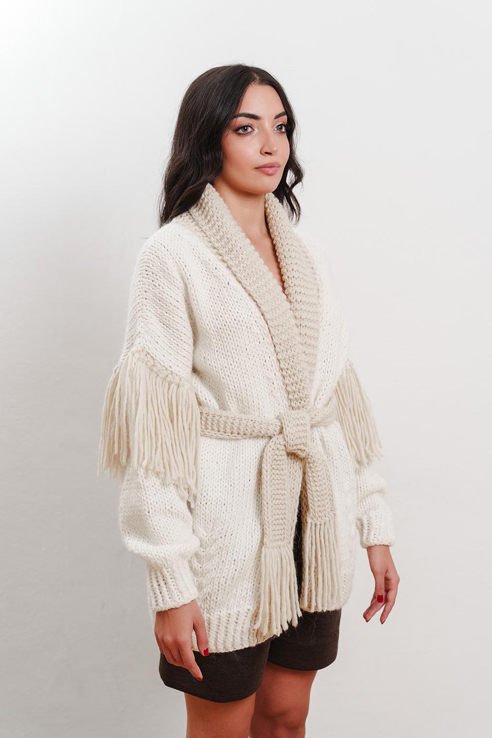 Tricot à Porter Cardigan collo a scialle cintura e frange sul giro manica basso Presa