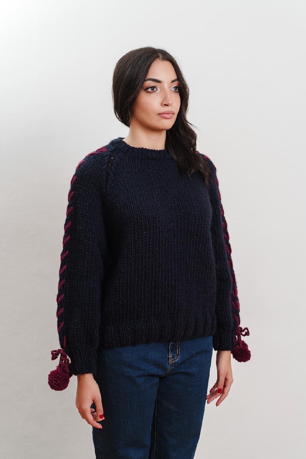 Tricot à Porter Maglia giro collo manica con ricami in costa e pp ai polsi Qualità