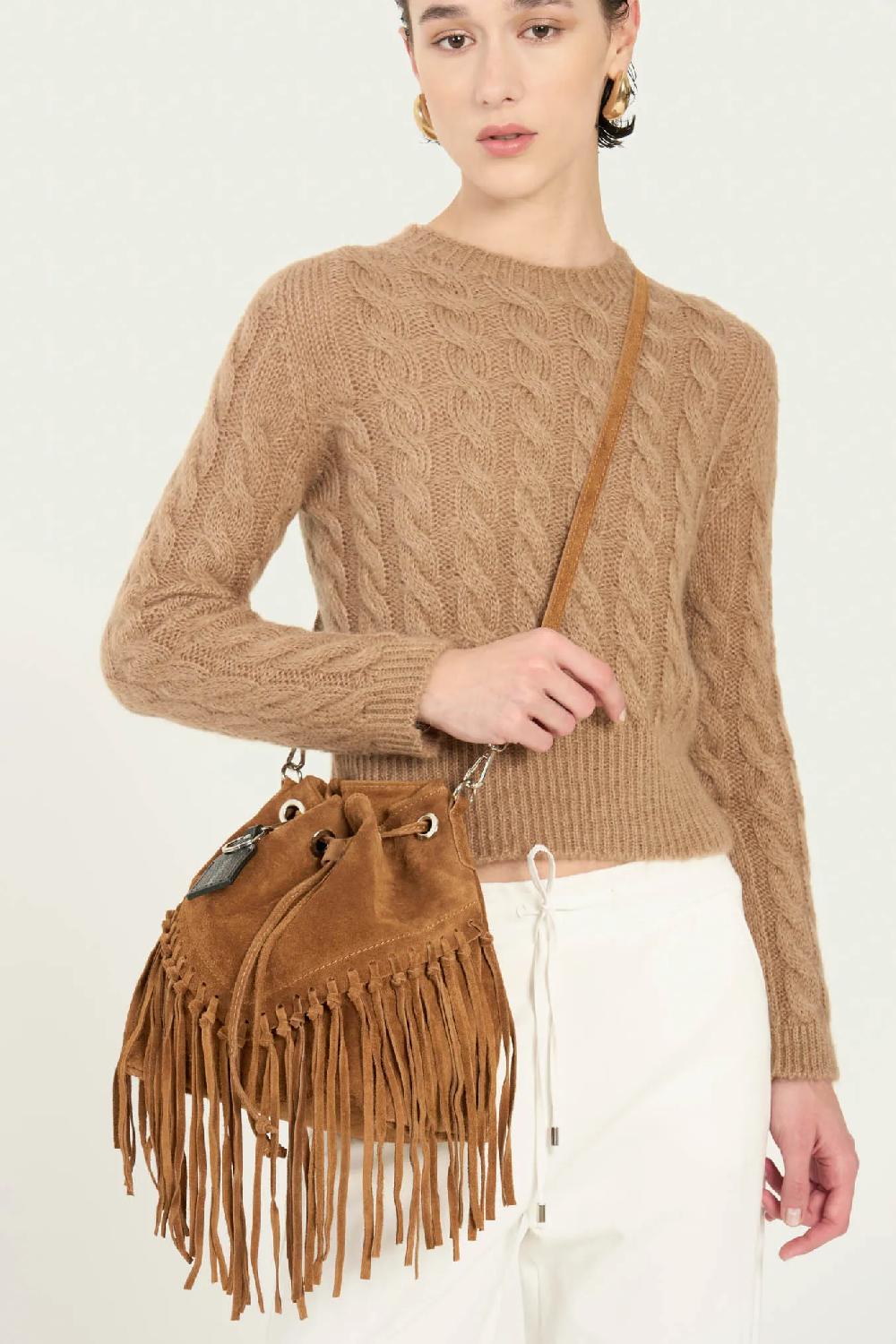 Vicario cinque Borsa a Sacchetto Scamosciata con Frange Stile Boho Chic - Briona Offerta