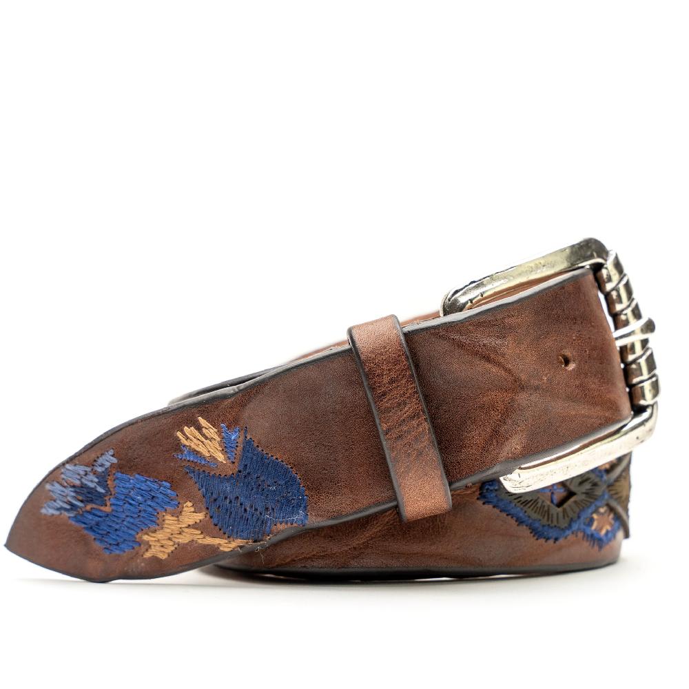 D'AMICO Cintura Cuoio Vintage Brown Floral Blue Nuovo
